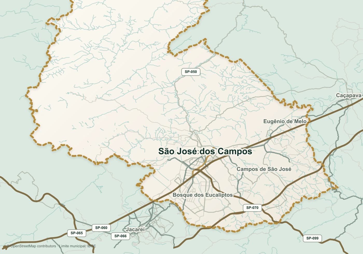 Mapa do limite municipal de São José dos Campos com a área da cidade destacada